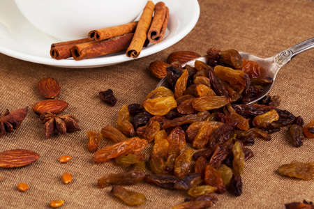 a handful of raisins on the tableの写真素材