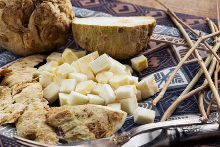 the chopped celery root on a tableの写真素材