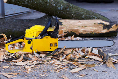 the yellow chainsaw is on a groundの写真素材