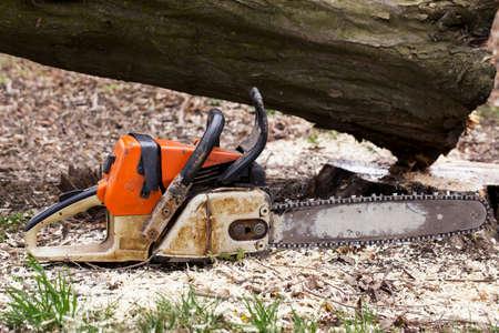 the old chainsaw is on a groundの写真素材