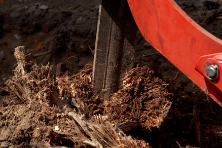 Machine for uprooting stumps is working on outdoorsの写真素材