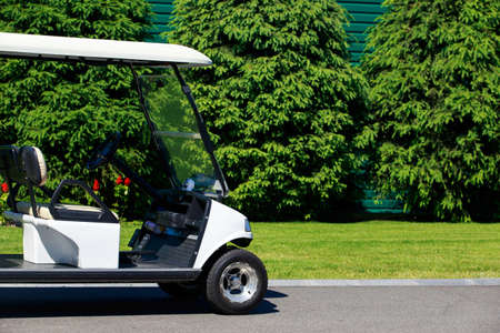 Golf machine on a background of green plantsの写真素材