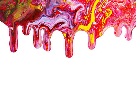 Abstract colorful acrylic paint dripping on white backgroundの写真素材