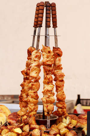 Juicy marinated in spices meat kebab on skewersの写真素材