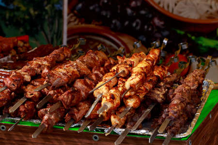 Juicy marinated in spices meat kebab on skewers