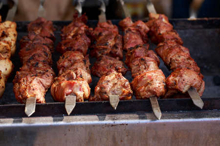Juicy marinated in spices meat kebab on skewers