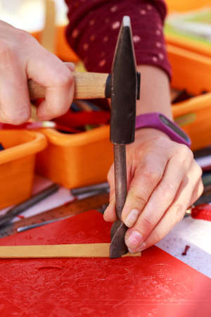 Workflow making a leather bracelet close up