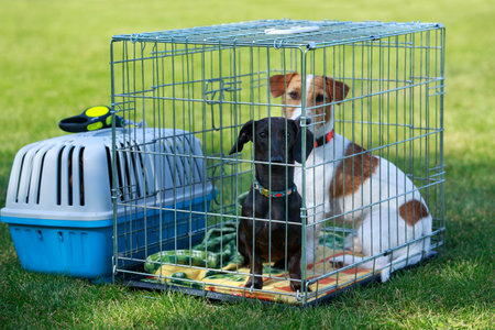 Two dogs dachshund and jack russell terrier in a cageの写真素材