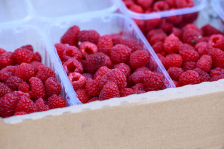 Fresh juicy raspberries in booties close-up photoの写真素材