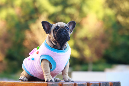 dog breed french bulldog on bench a parkの写真素材