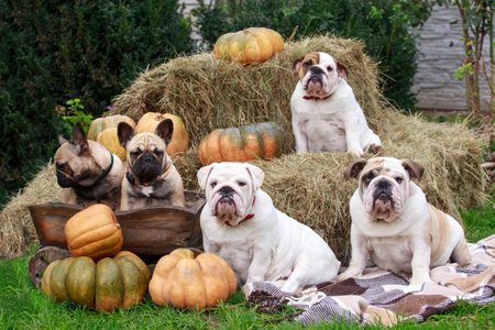 english and french bulldogs on a background of hay with pumpkinsの写真素材