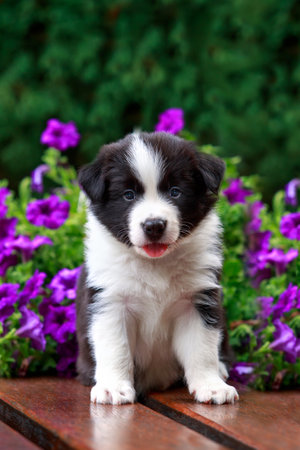 Little puppy border collie breed close-up on the background of a blooming petuniaの写真素材