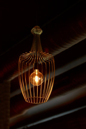 One modern chandelier on a dark ceiling.の写真素材