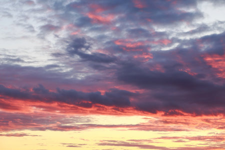 Beautiful background of sunset sky in red yellow and orange colors.の写真素材