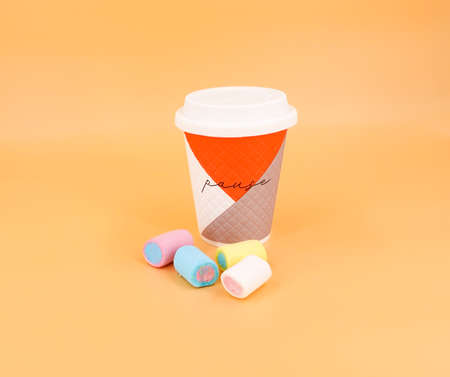 Coffee in a white cup with marshmallowsの写真素材