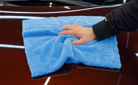Blue microfiber carpet for car cleaningの写真素材