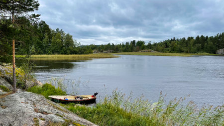 Islands with forest and rocks on Lake Ladogaの写真素材