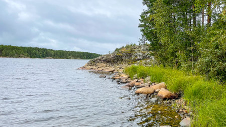 Islands with forest and rocks on Lake Ladogaの写真素材