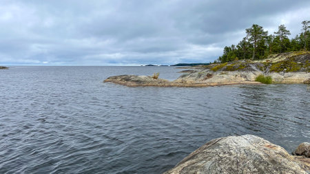 Islands with forest and rocks on Lake Ladogaの写真素材