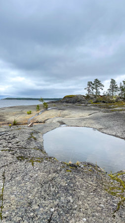 Islands with forest and rocks on Lake Ladogaの写真素材