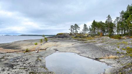 Islands with forest and rocks on Lake Ladogaの写真素材