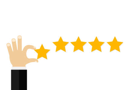Businessman hand giving five star rating, Feedback concept. Vector stock illustration.