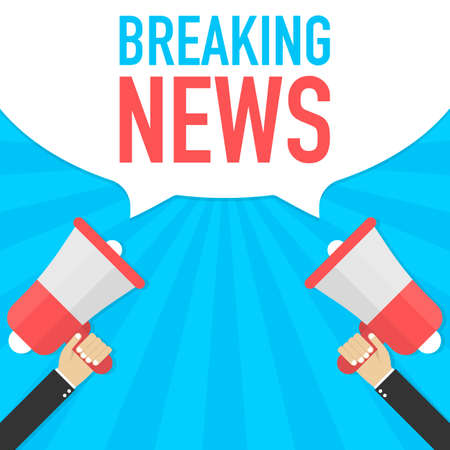 Hand Holding Megaphone With Speech Bubble Breaking NEWS. Announcement. Vector stock illustration.のイラスト素材
