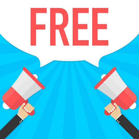 Male hand holding megaphone with free speech bubble. Vector stock illustration.のイラスト素材