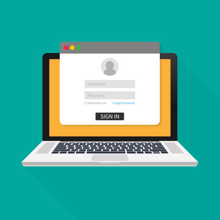 Login page on laptop screen. Notebook and online login form, sign in page. User profile, access to account concepts. Vector stock illustration.のイラスト素材