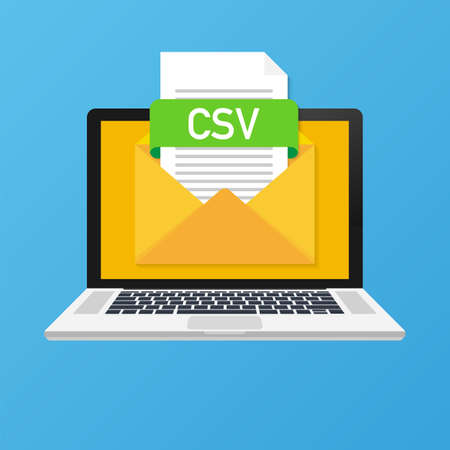 Laptop with envelope and CSV file. Notebook and email with file attachment CSV document. Vector stock illustration.のイラスト素材