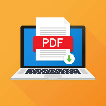 Download PDF button on laptop screen. Downloading document concept. File with PDF label and down arrow sign. Vector stock illustration.のイラスト素材