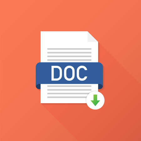 Download DOC button. Downloading document concept. File with DOC label and down arrow sign. Vector stock illustration.のイラスト素材