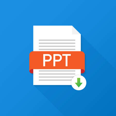 Download PPT button. Downloading document concept. File with PPT label and down arrow sign. Vector stock illustration.のイラスト素材
