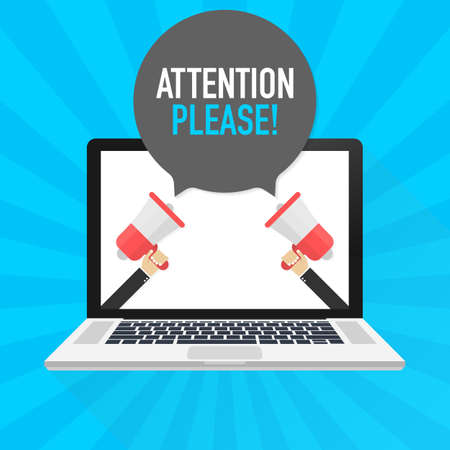 Laptop notebook computer screen. Hand holding megaphone. Attention please! text in speech bubble. Vector stock illustration.のイラスト素材