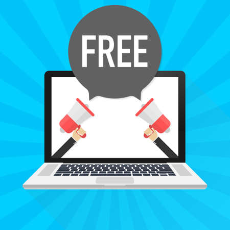 Laptop notebook computer screen. Hand holding megaphone. Free text in speech bubble. Vector stock illustration.のイラスト素材