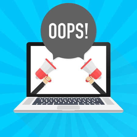 Laptop notebook computer screen. Hand holding megaphone. Oops! text in speech bubble. Vector stock illustration.のイラスト素材