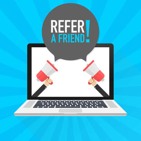 Laptop notebook computer screen. Hand holding megaphone. Refer a friend! text in speech bubble. Vector stock illustration.のイラスト素材