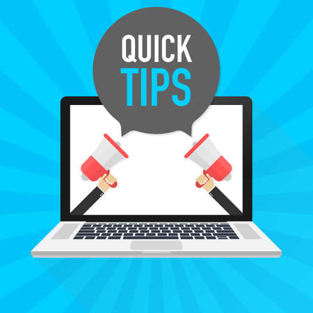 Laptop notebook computer screen. Hand holding megaphone. Quick tips text in speech bubble. Vector stock illustration.のイラスト素材