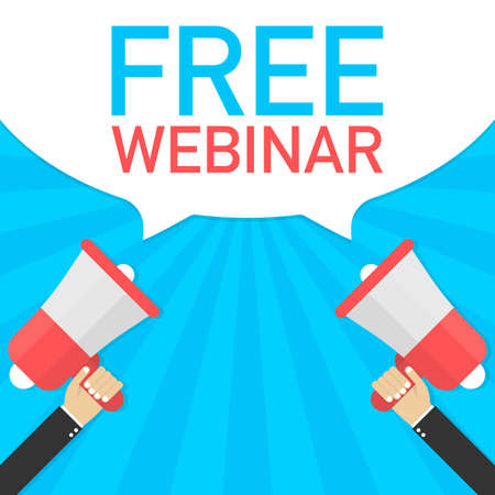 Male hand holding megaphone with Free webinar speech bubble. Banner for business. Vector stock illustration.のイラスト素材