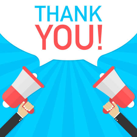 Male hand holding megaphone with Thank you! speech bubble. Banner for business. Vector stock illustration.のイラスト素材