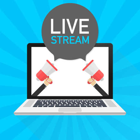 Laptop notebook computer screen. Hand holding megaphone. Live stream text in speech bubble. Vector stock illustration.のイラスト素材