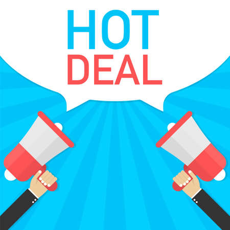 Male hand holding megaphone with Hot deal speech bubble. Banner for business. Vector stock illustration.のイラスト素材