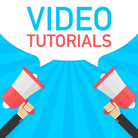Male hand holding megaphone with Video tutorials speech bubble. Banner for business. Vector stock illustration.のイラスト素材