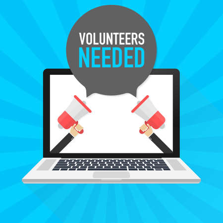 Laptop notebook computer screen. Hand holding megaphone. Volunteers needed text in speech bubble. Vector stock illustration.のイラスト素材