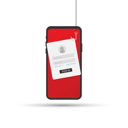 Data Phishing with fishing hook, mobile phone, internet security. Vector stock illustration.のイラスト素材