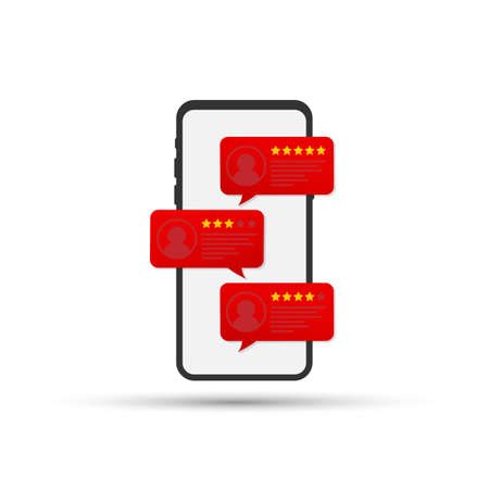 Review rating bubble speeches on mobile phone vector illustration, flat style smartphone reviews stars with good and bad rate and text. Vector stock illustration.のイラスト素材