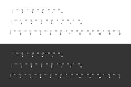 Wooden different size rulers 6, 8 and 12 inch long isolated on white and black background. Vector stock illustration.のイラスト素材