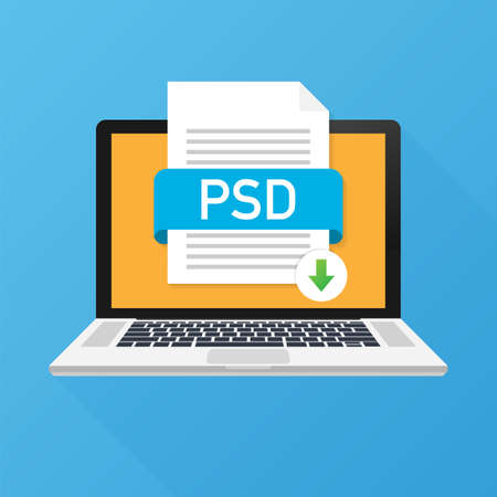 Download PSD button on laptop screen. Downloading document concept. File with PSD label and down arrow sign. Vector stock illustration.のイラスト素材