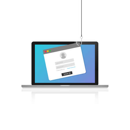 Laptop internet security concept. Internet phishing, hacked login and password. Vector stock illustration.のイラスト素材
