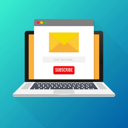 Vector template email subscribe on laptop. Submit form for website email letter banner. Vector stock illustration.のイラスト素材